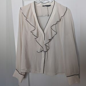 Zara Cream Blouse with Black Trim